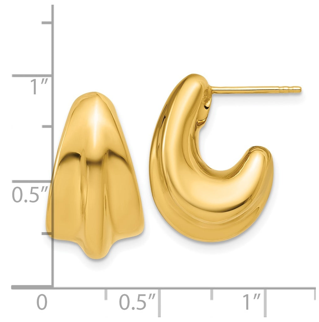 14k Yellow Gold Polished Hollow Puffed Grooved J-Hoop Earrings