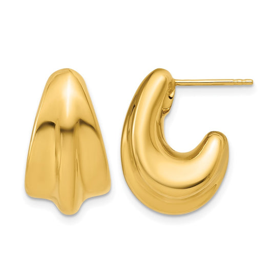14k Yellow Gold Polished Hollow Puffed Grooved J-Hoop Earrings