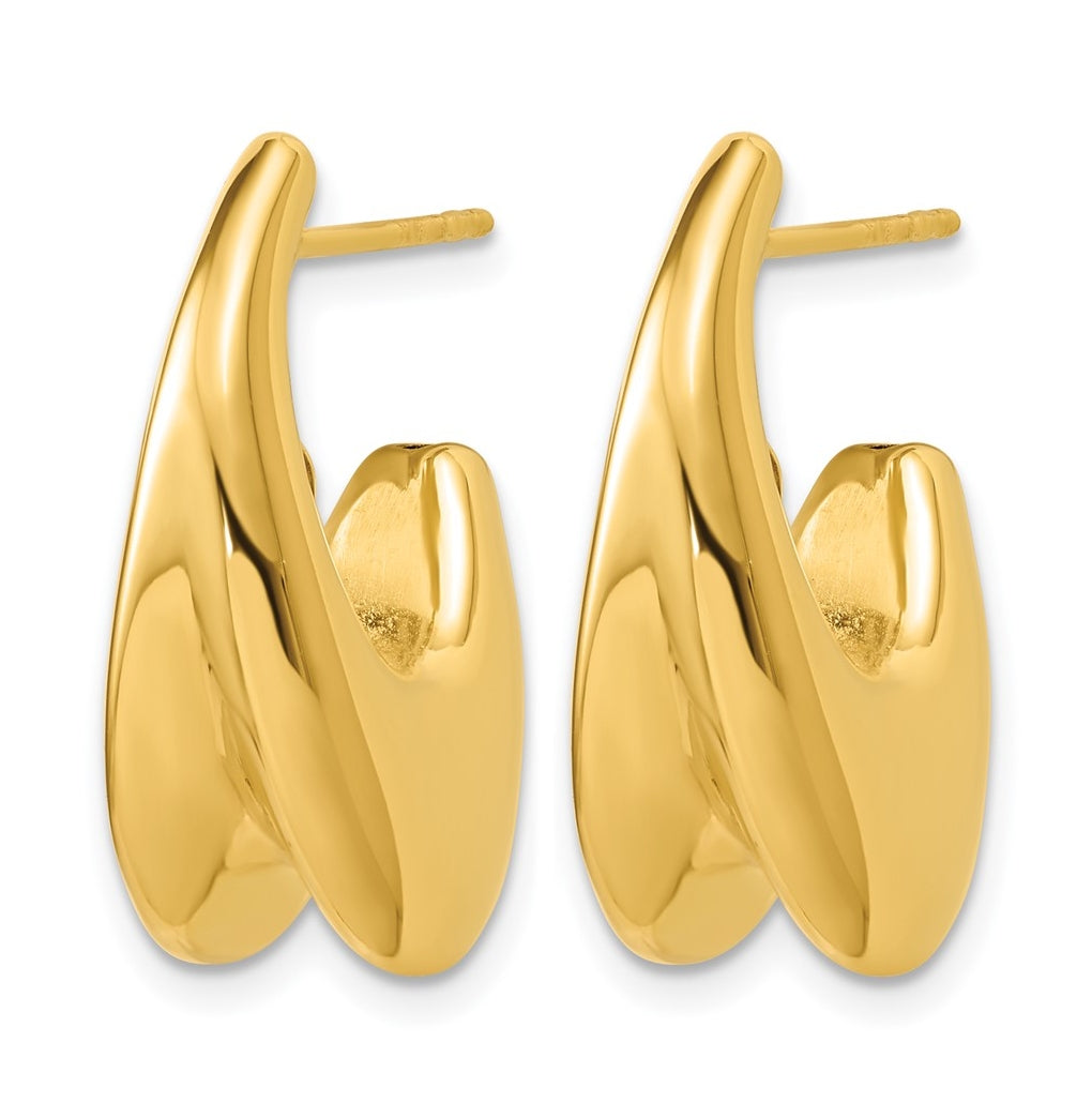 14k Yellow Gold Polished Hollow Puffed Grooved J-Hoop Earrings