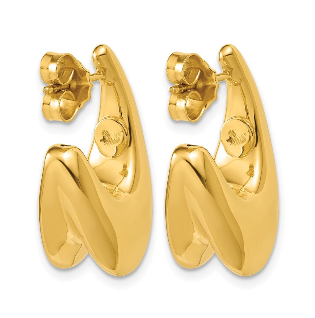 14k Yellow Gold Polished Hollow Puffed Grooved J-Hoop Earrings