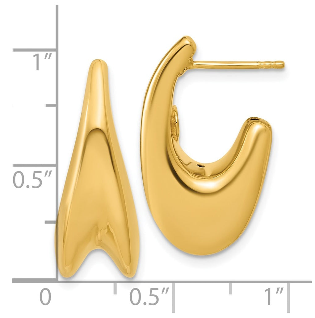 14k Yellow Gold Polished Hollow Puffed Grooved J-Hoop Earrings