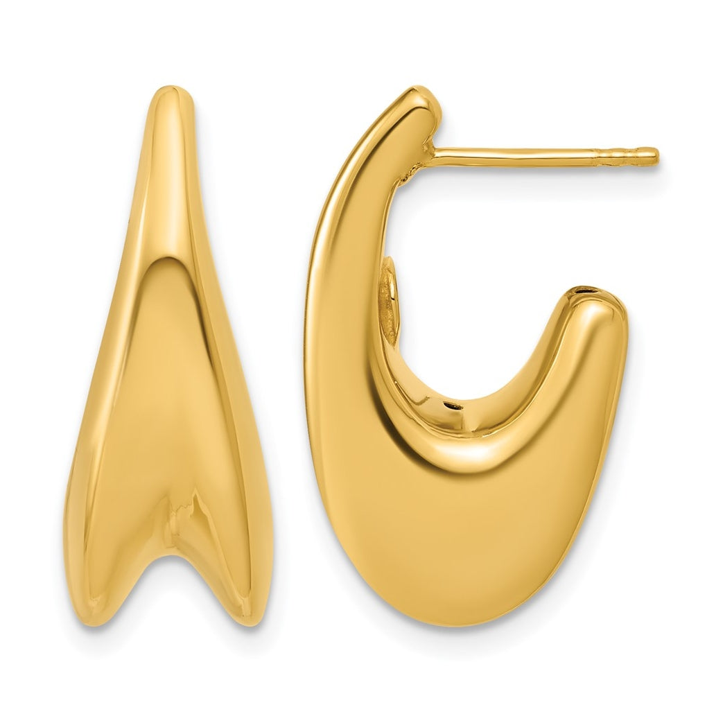14k Yellow Gold Polished Hollow Puffed Grooved J-Hoop Earrings