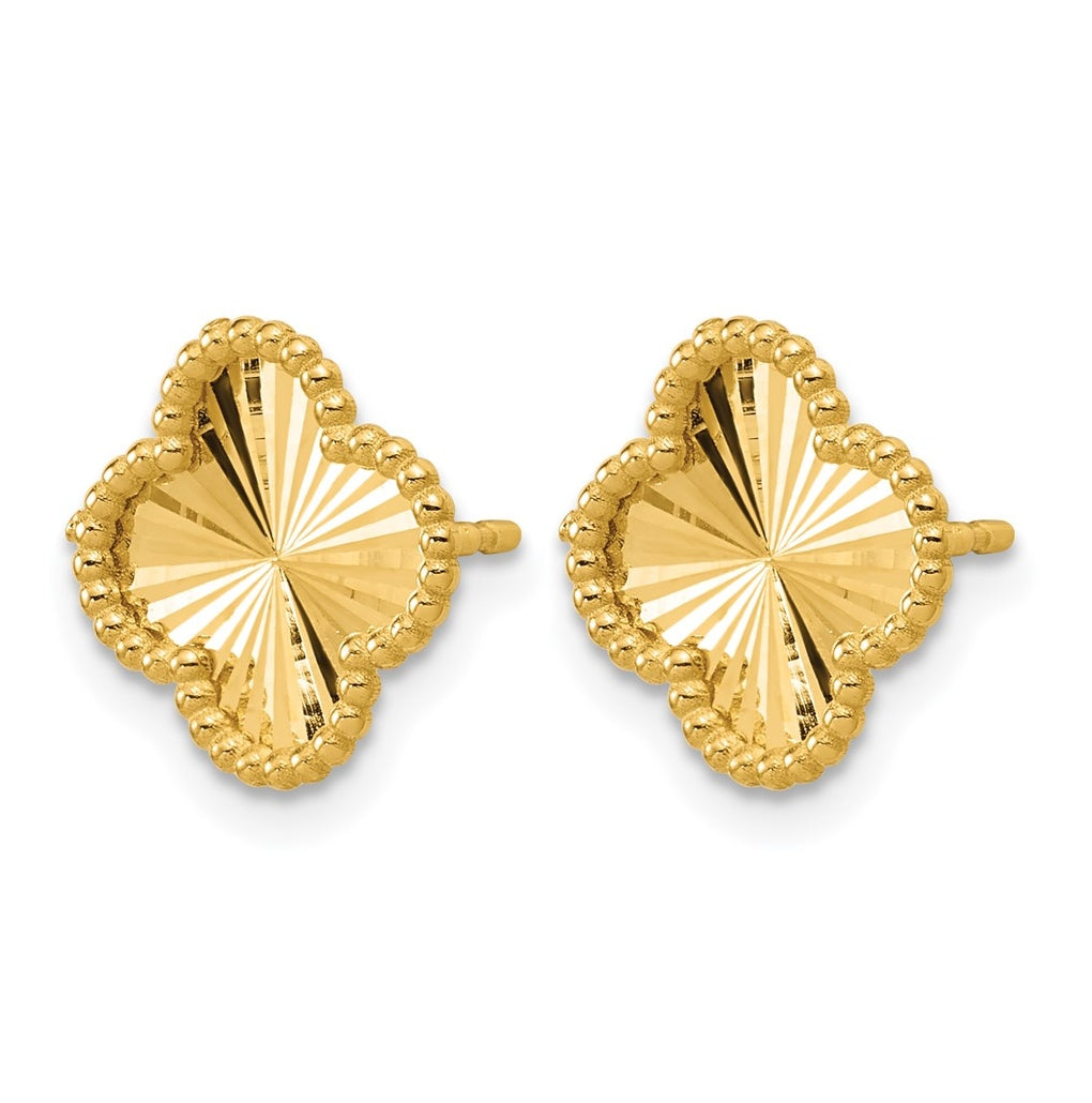 14k Yellow Gold Polished and Diamond-cut Clover Post Earrings