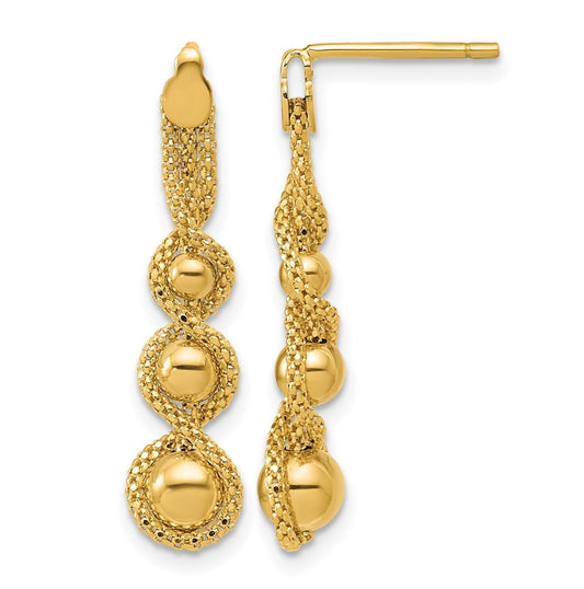 14k Yellow Gold Polished and D/C Twisted Beaded Dangle Post Earrings