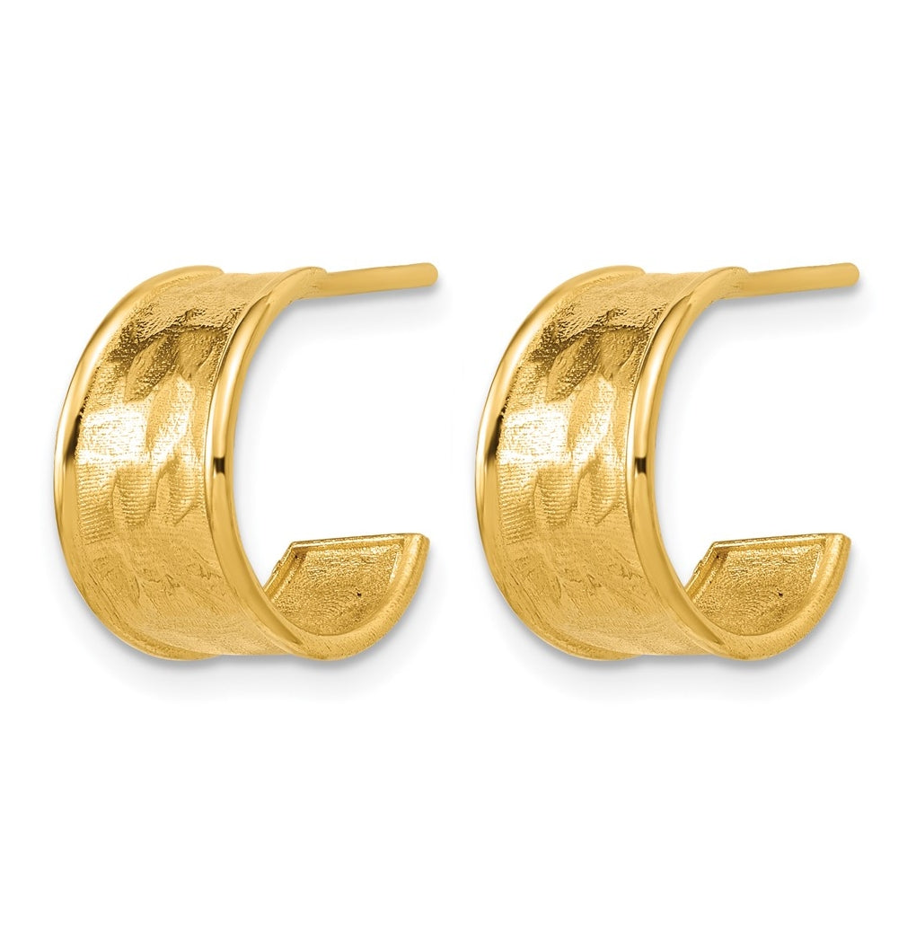 14k Yellow Gold Polished and Hammered J-Hoop Earrings