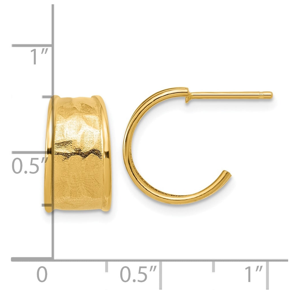 14k Yellow Gold Polished and Hammered J-Hoop Earrings