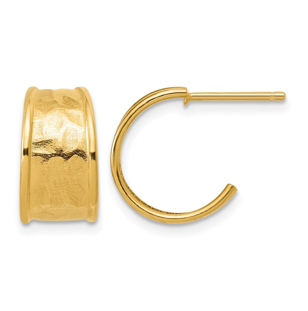 14k Yellow Gold Polished and Hammered J-Hoop Earrings