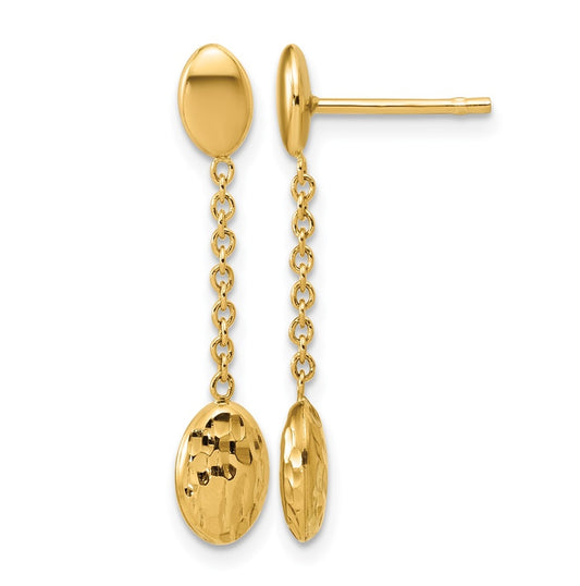 14k Yellow Gold Polished and Dia-cut Oval Fancy Dangle Post Earrings