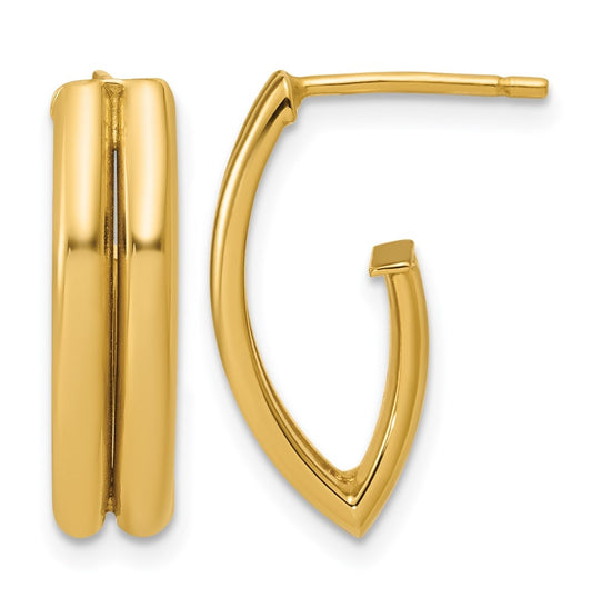 14k Yellow Gold Polished and Grooved J-Hoop Earrings