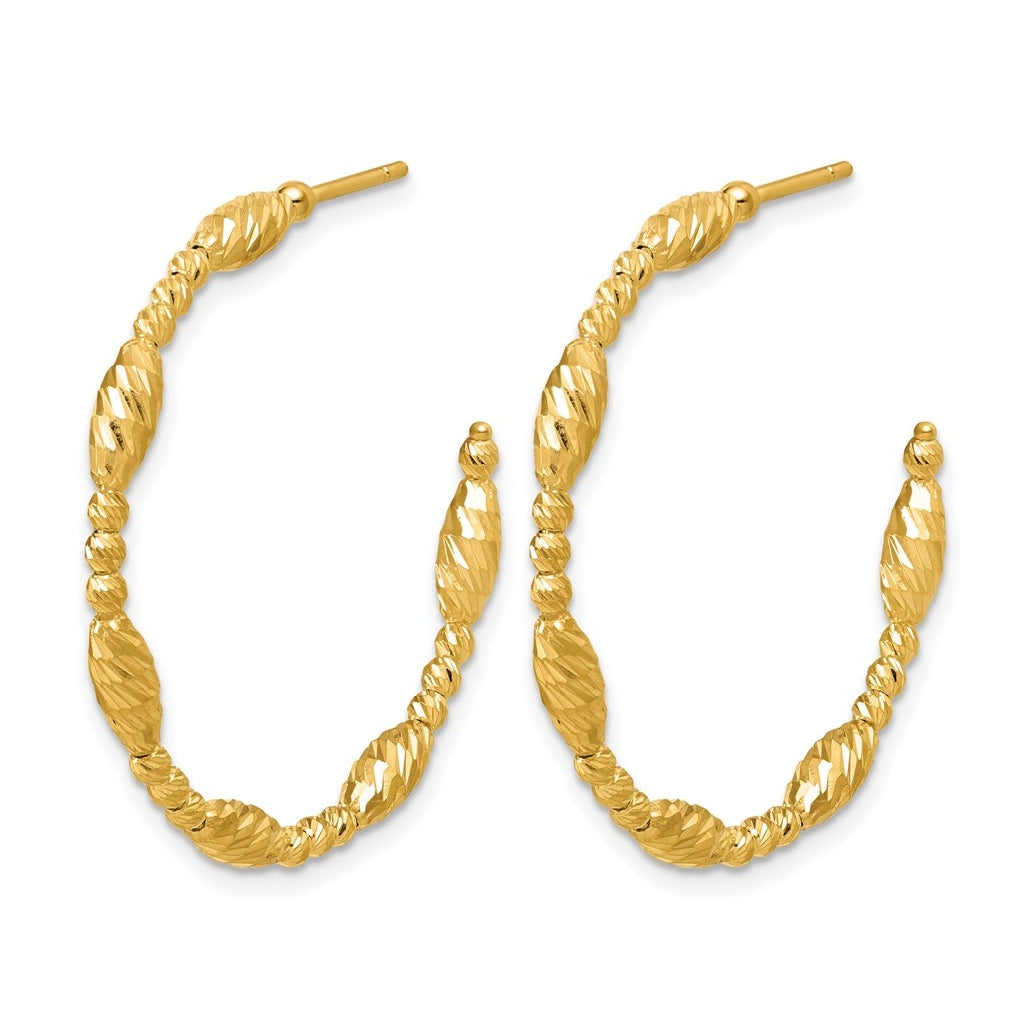 14k Yellow Gold Polished and Diamond-cut Beaded Fancy J-Hoop Post Earrings