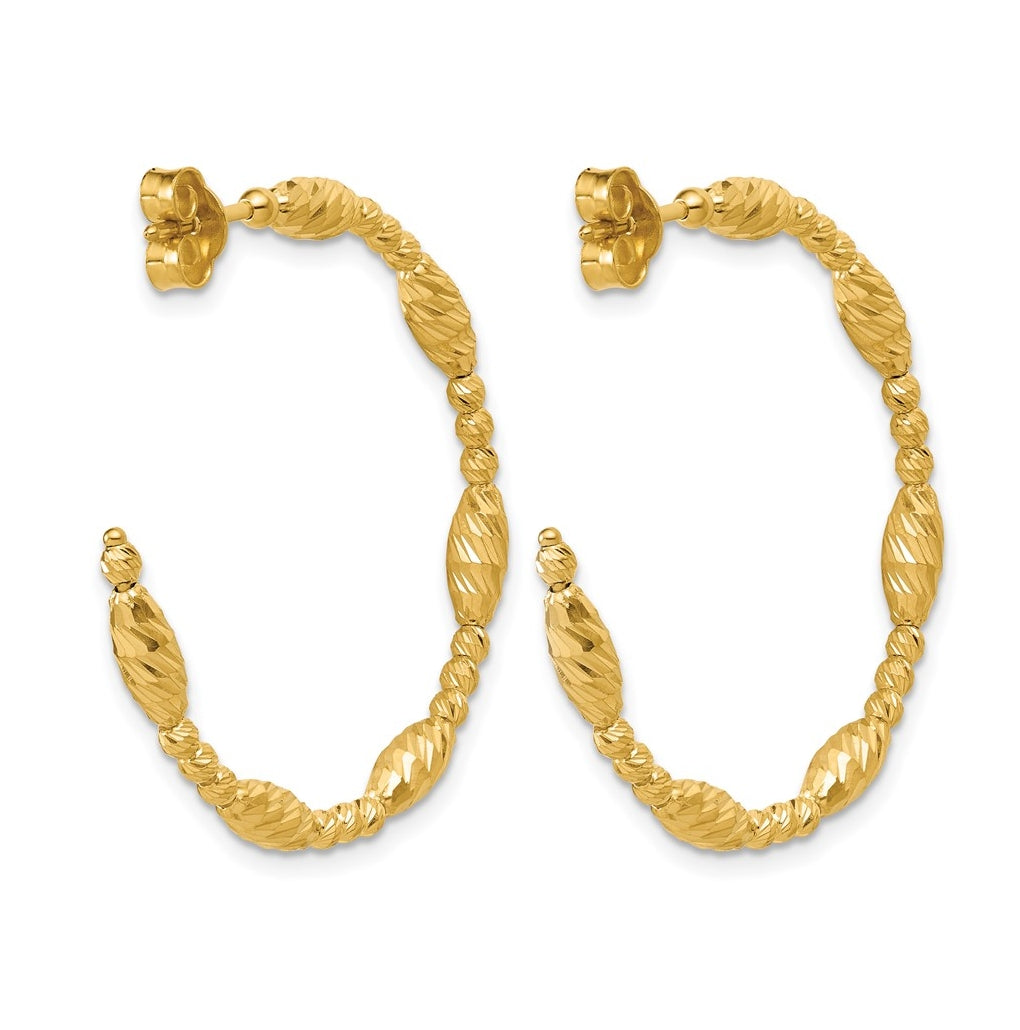 14k Yellow Gold Polished and Diamond-cut Beaded Fancy J-Hoop Post Earrings