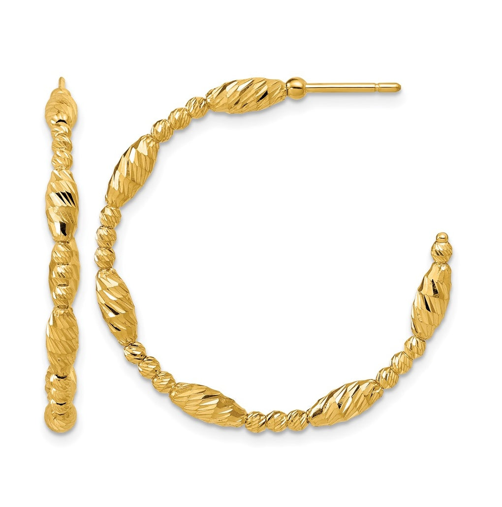 14k Yellow Gold Polished and Diamond-cut Beaded Fancy J-Hoop Post Earrings