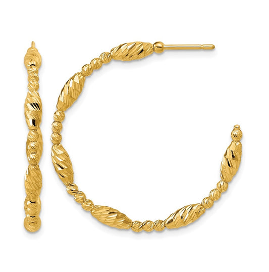 14k Yellow Gold Polished and Diamond-cut Beaded Fancy J-Hoop Post Earrings
