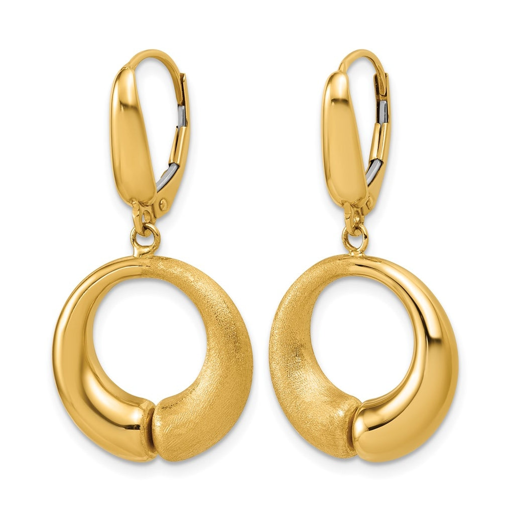 14k Yellow Gold Polished and Brushed Circle Leverback Earrings