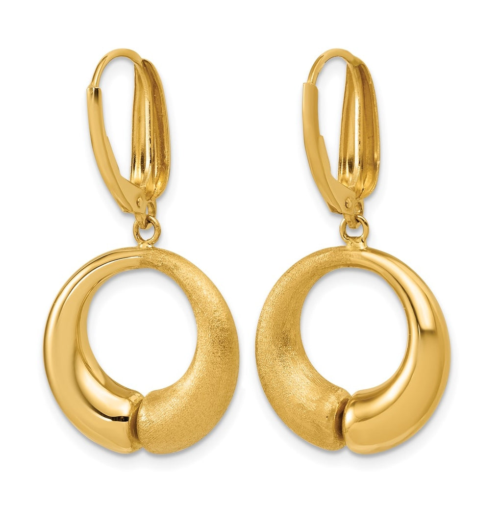 14k Yellow Gold Polished and Brushed Circle Leverback Earrings