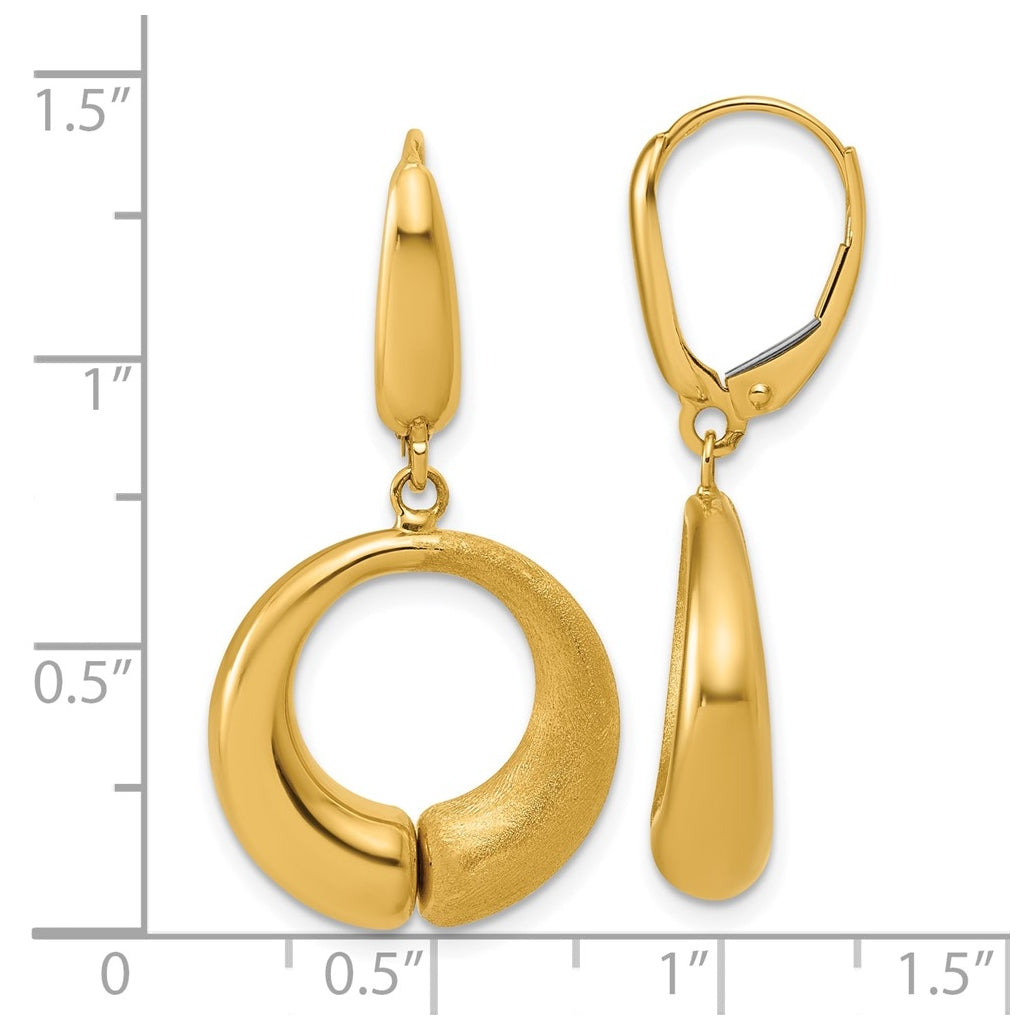 14k Yellow Gold Polished and Brushed Circle Leverback Earrings