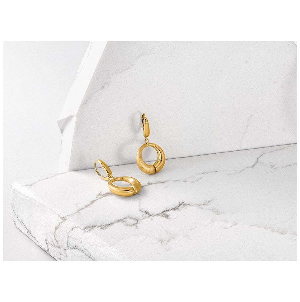 14k Yellow Gold Polished and Brushed Circle Leverback Earrings