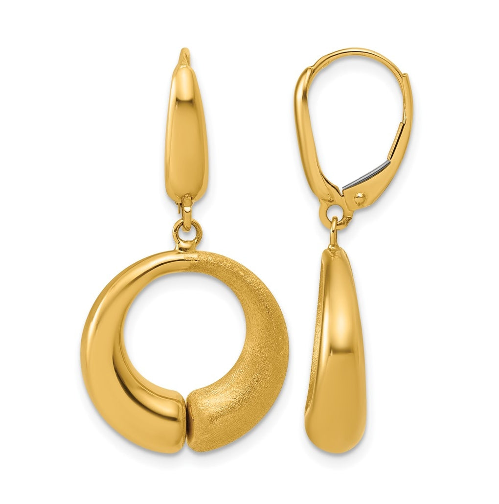 14k Yellow Gold Polished and Brushed Circle Leverback Earrings