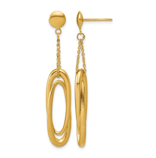 14k Yellow Gold Polished and Brushed Fancy Oval Dangle Post Earrings