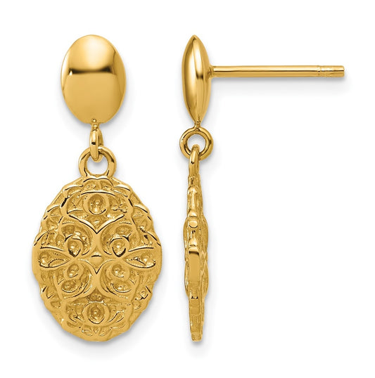 14k Yellow Gold Polished Oval Textured Dangle Post Earrings