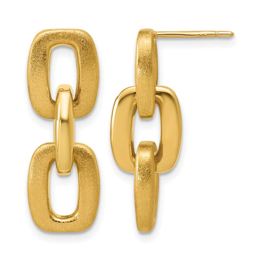 14k Yellow Gold Polished and Brushed Squared Link Dangle Post Earrings