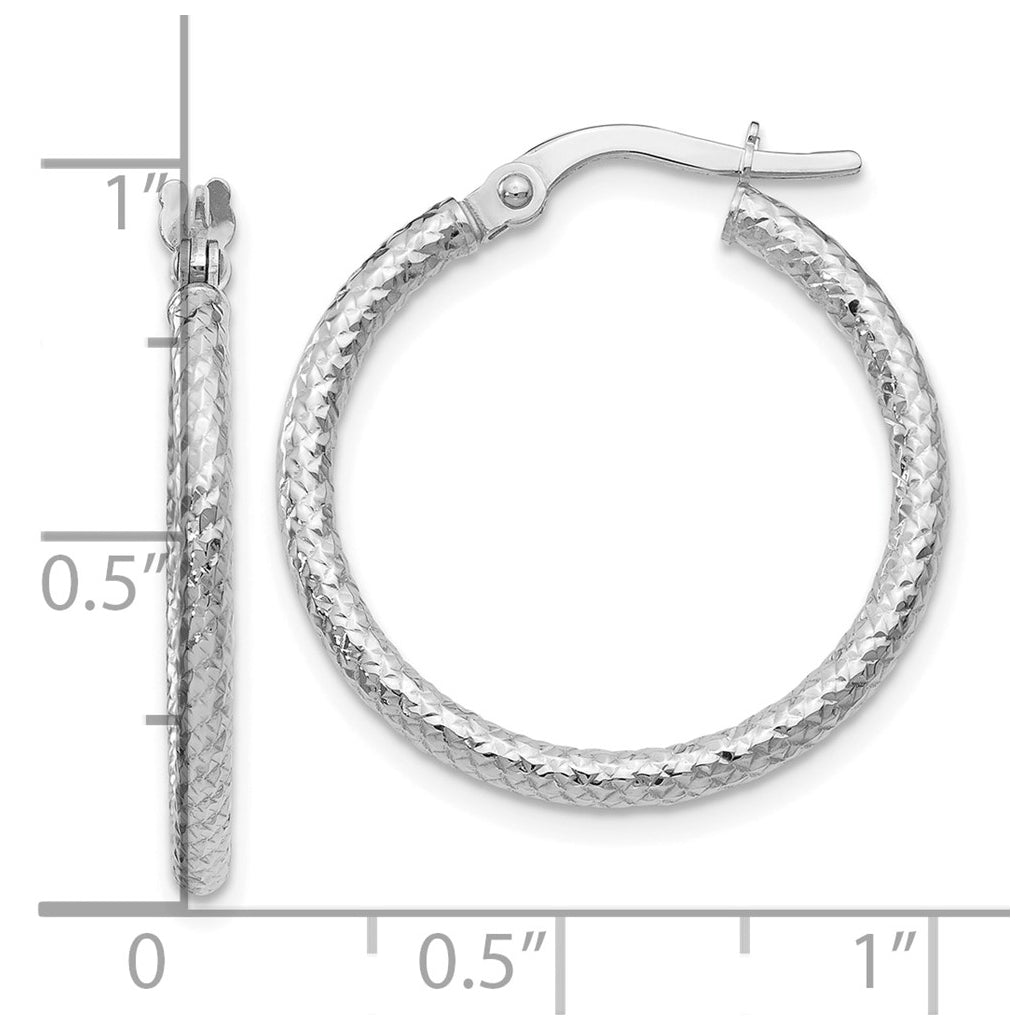 10k White Gold Diamond-cut 2mm Round Tube Hoop Earrings