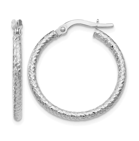 10k White Gold Diamond-cut 2mm Round Tube Hoop Earrings