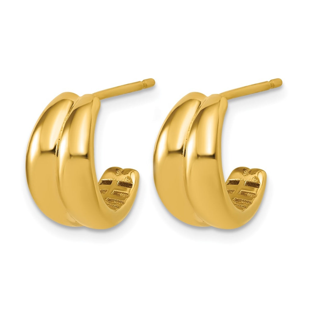 14k Yellow Gold Polished Grooved J-Hoop Post Earrings