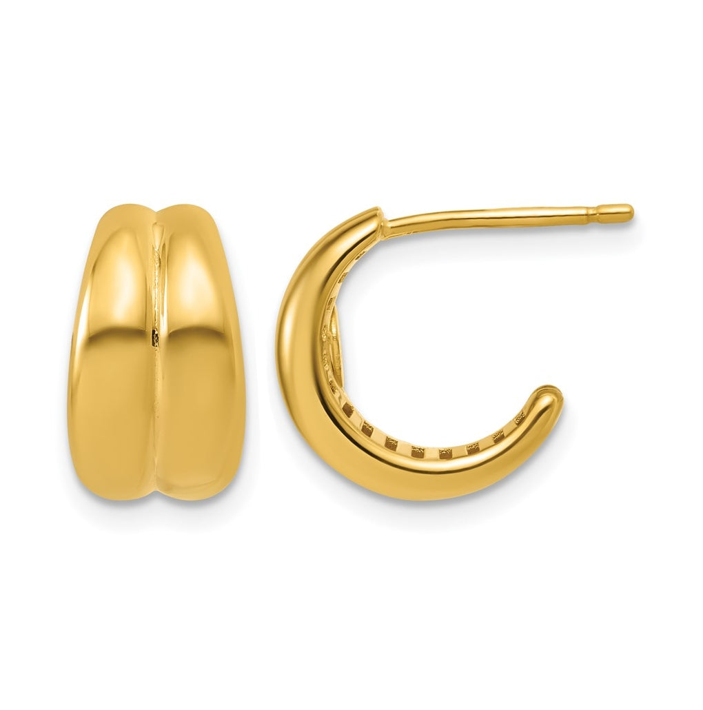 14k Yellow Gold Polished Grooved J-Hoop Post Earrings