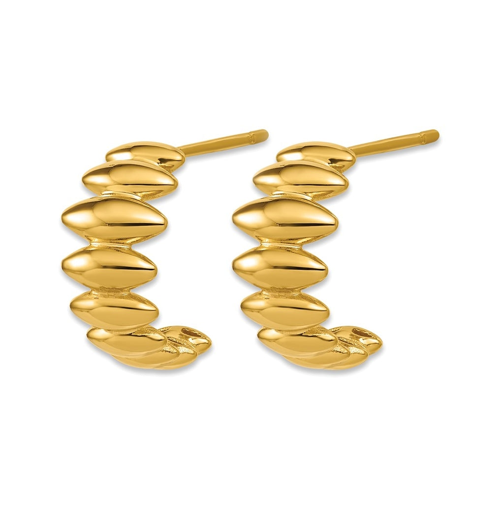 14k Yellow Gold Polished and Grooved J-Hoop Post Earrings