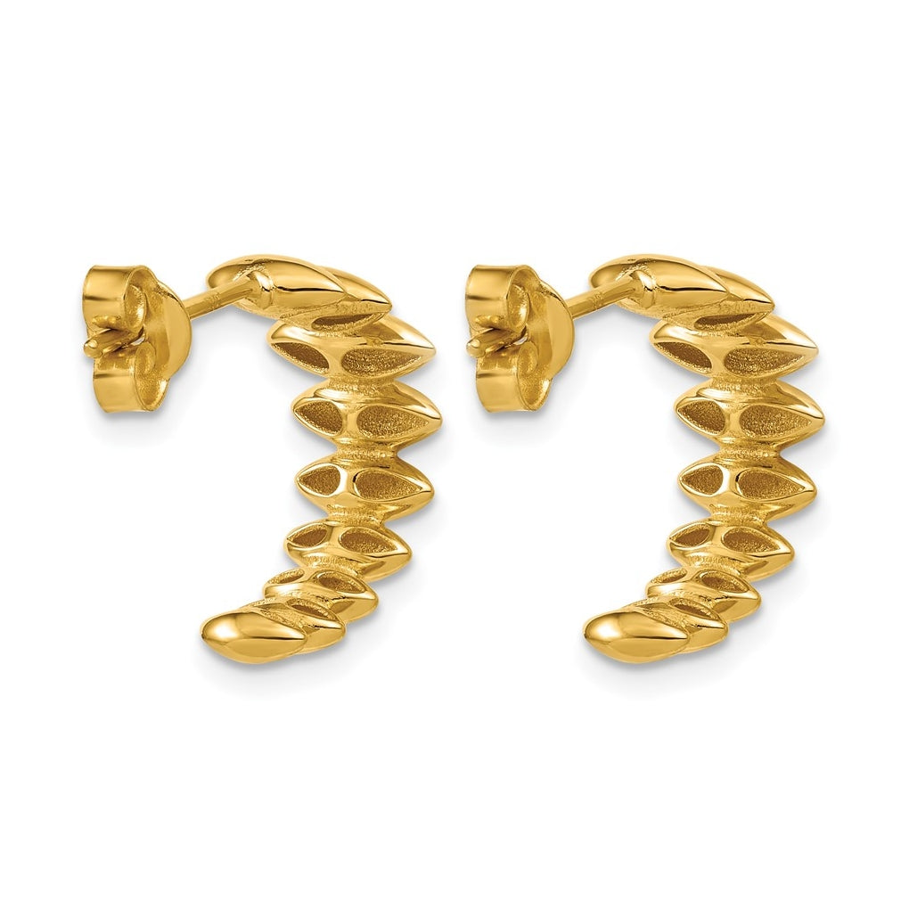 14k Yellow Gold Polished and Grooved J-Hoop Post Earrings