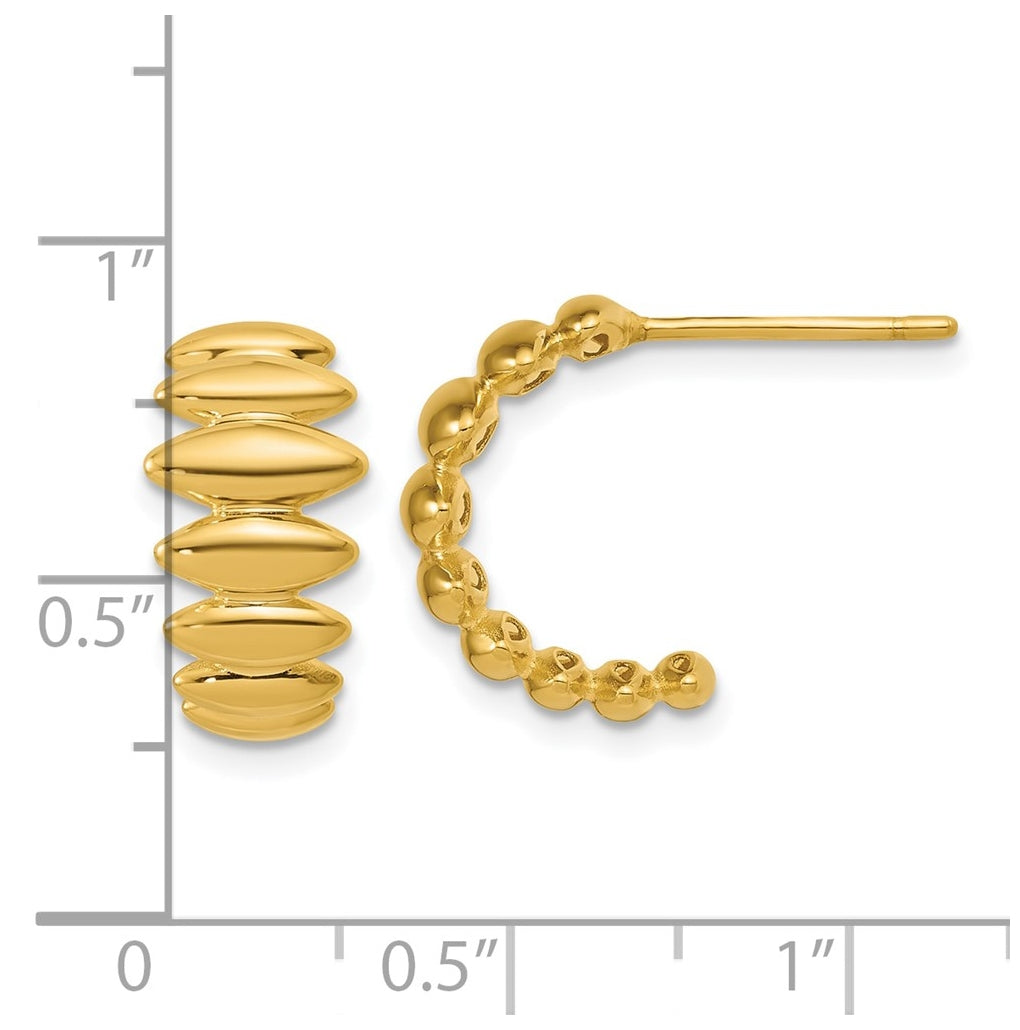 14k Yellow Gold Polished and Grooved J-Hoop Post Earrings