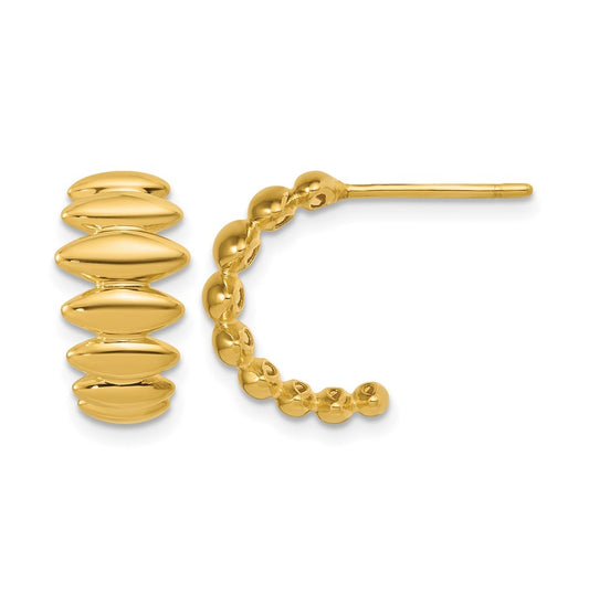 14k Yellow Gold Polished and Grooved J-Hoop Post Earrings