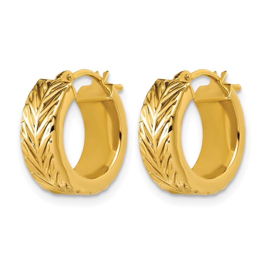 14k Yellow Gold Polished and Grooved Round Hoop Earrings