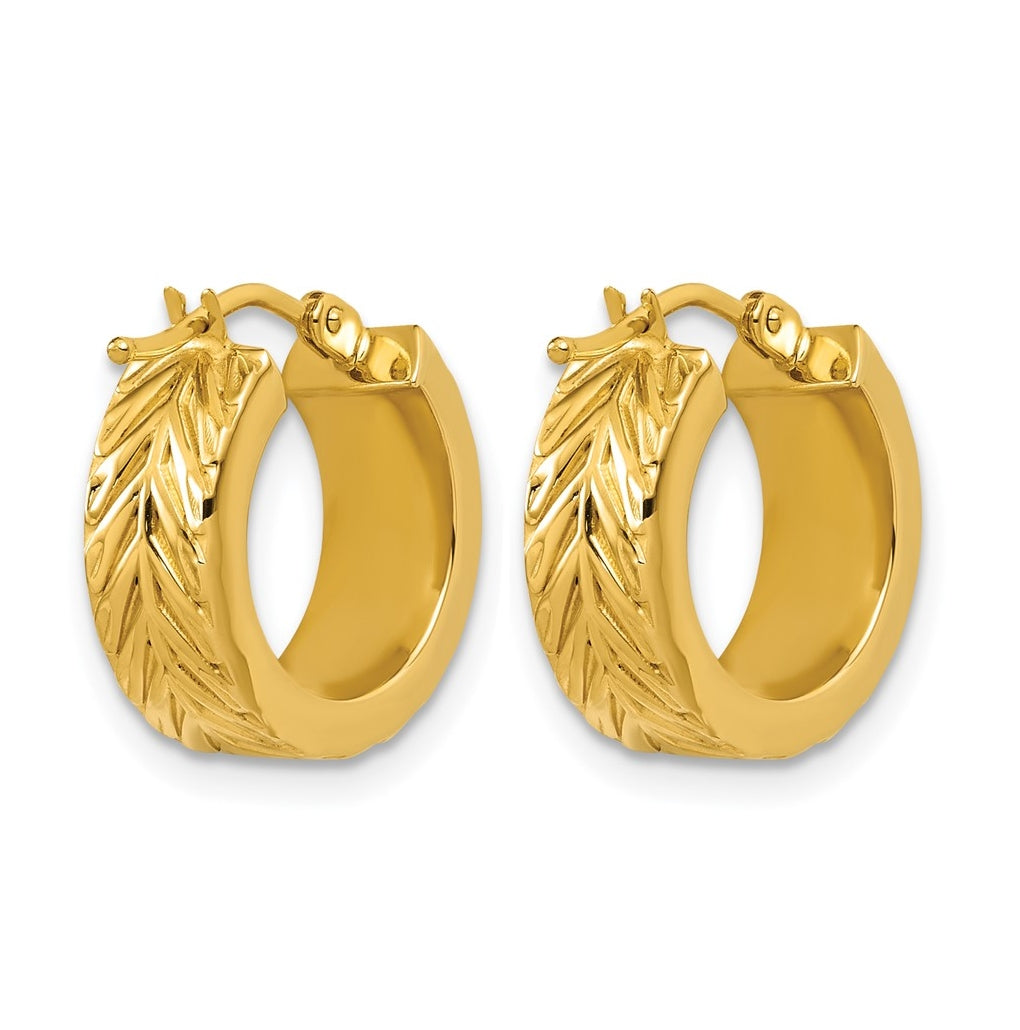 14k Yellow Gold Polished and Grooved Round Hoop Earrings