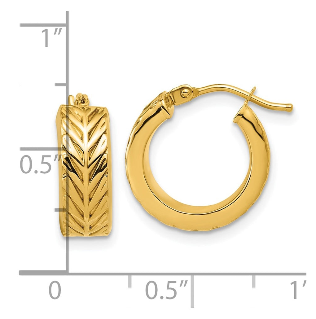14k Yellow Gold Polished and Grooved Round Hoop Earrings