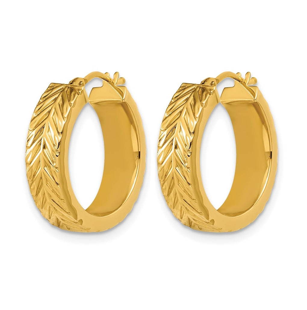 14k Yellow Gold Polished and Grooved Round Hoop Earrings