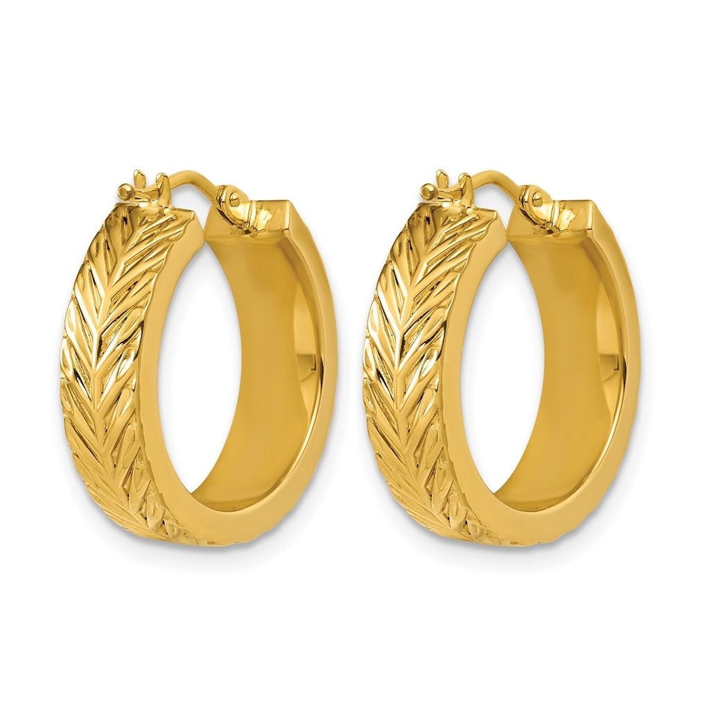 14k Yellow Gold Polished and Grooved Round Hoop Earrings