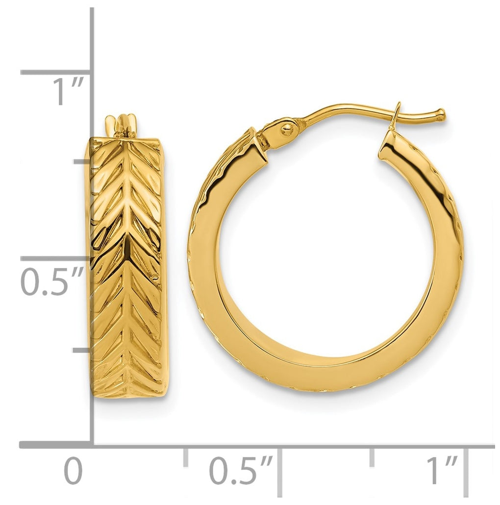 14k Yellow Gold Polished and Grooved Round Hoop Earrings