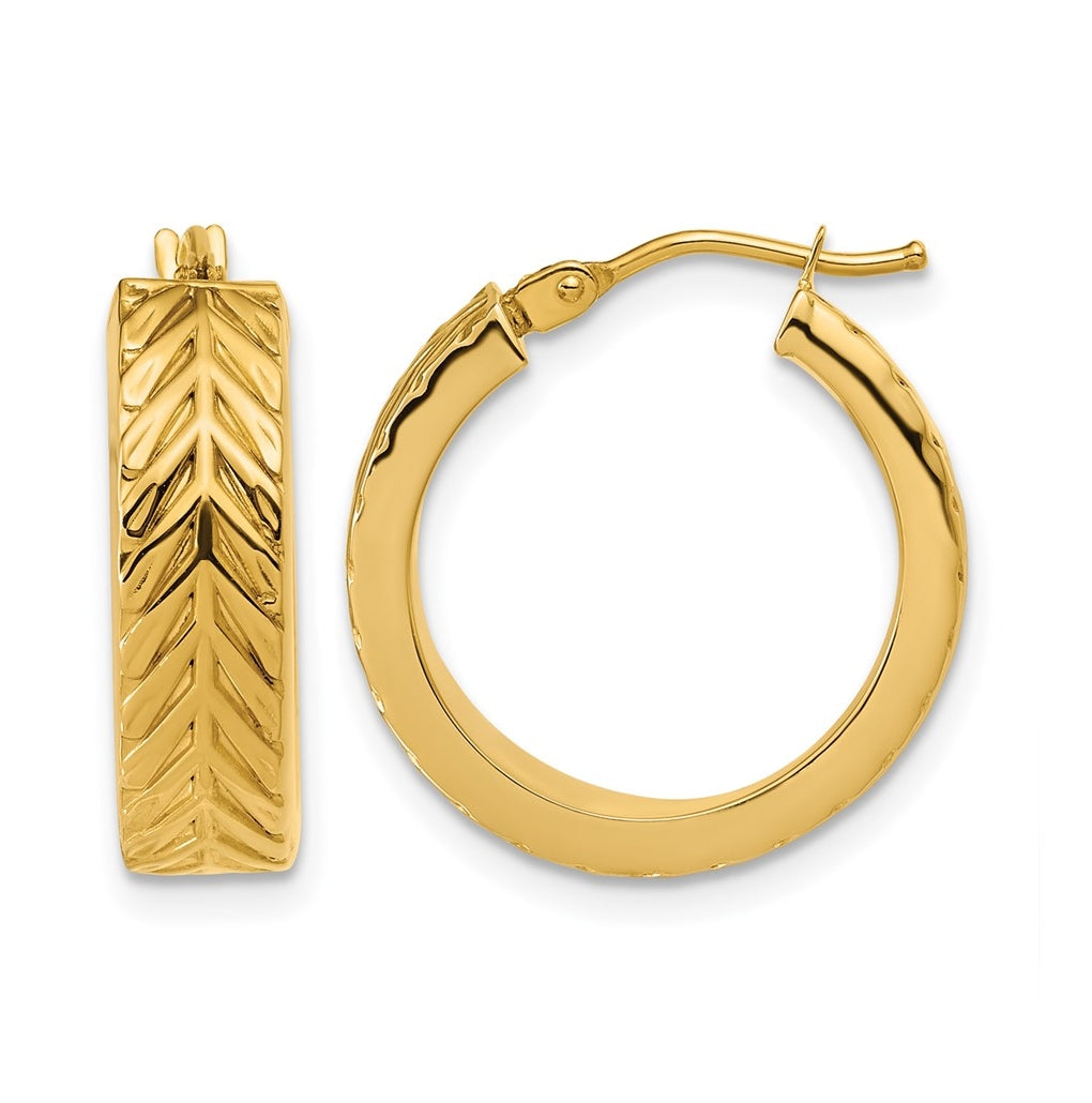 14k Yellow Gold Polished and Grooved Round Hoop Earrings