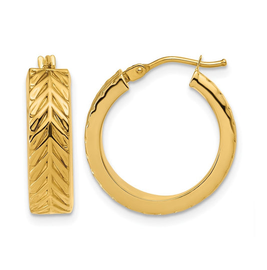 14k Yellow Gold Polished and Grooved Round Hoop Earrings
