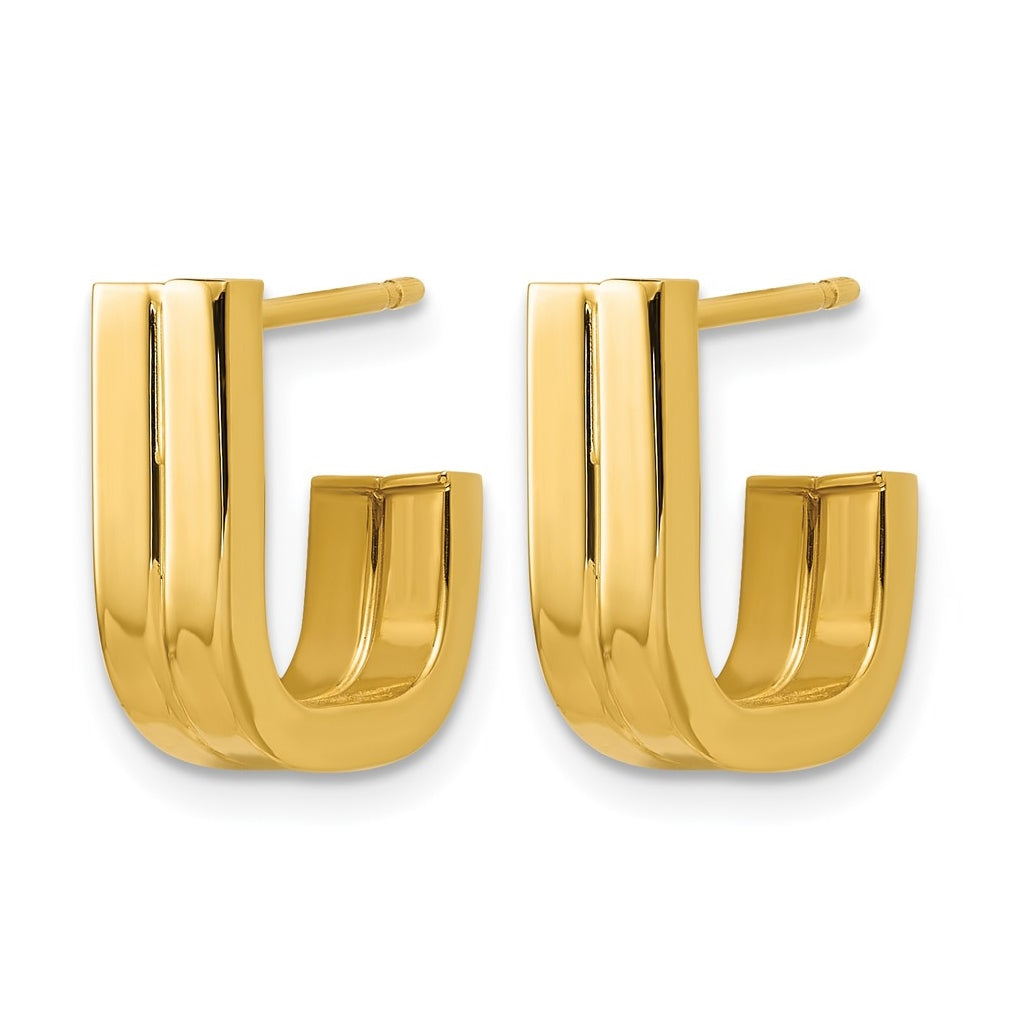 14k Yellow Gold Grooved J Hoop Post Earrings