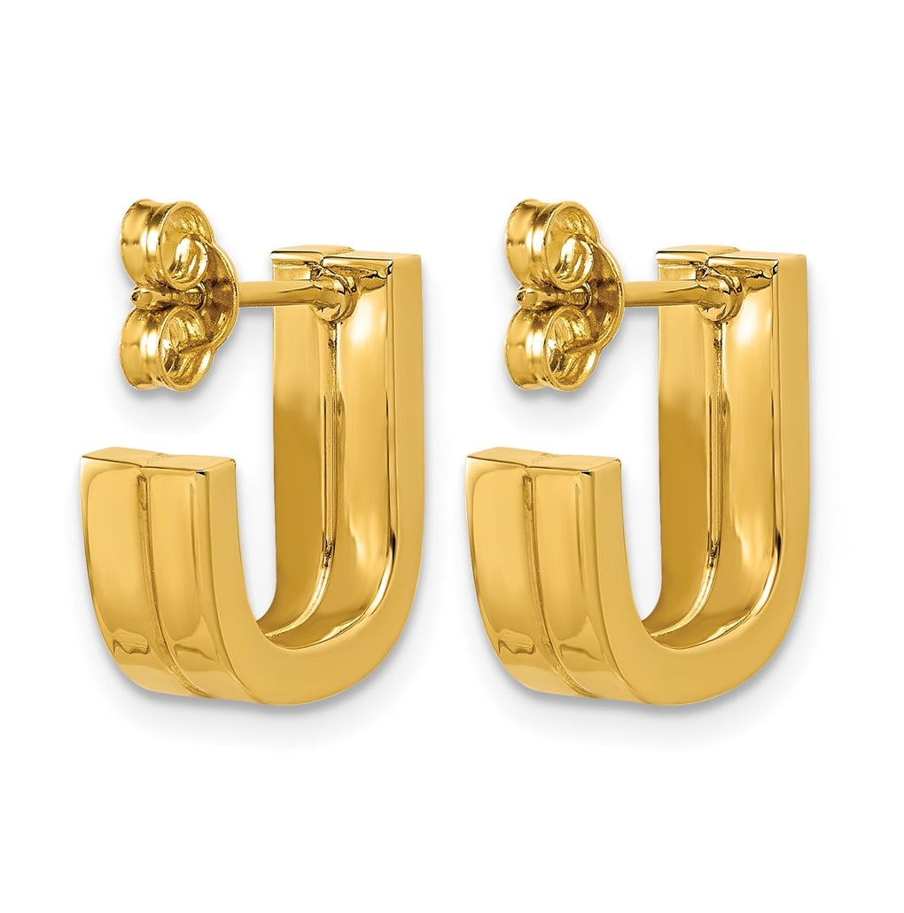 14k Yellow Gold Grooved J Hoop Post Earrings
