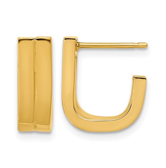 14k Yellow Gold Grooved J Hoop Post Earrings