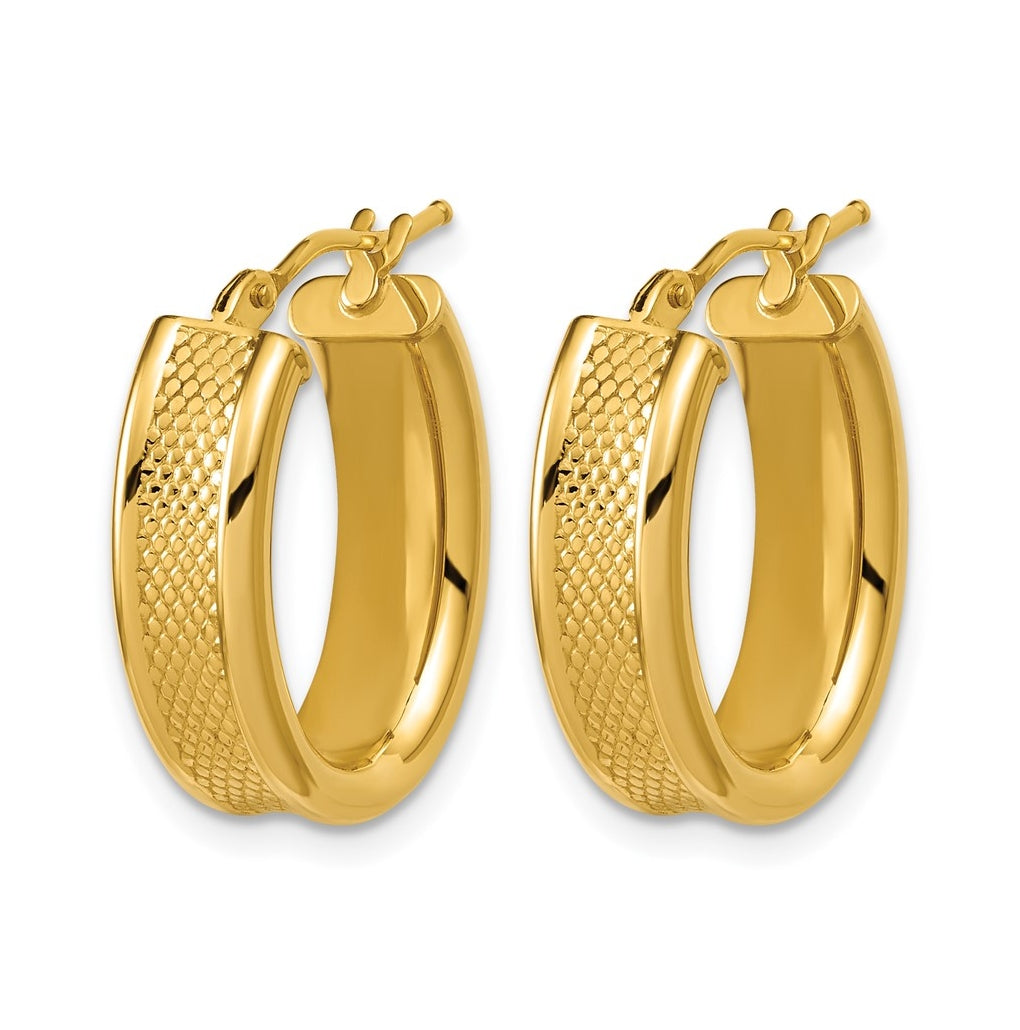 14k Yellow Gold Polished and Textured Oval Hoop Earrings