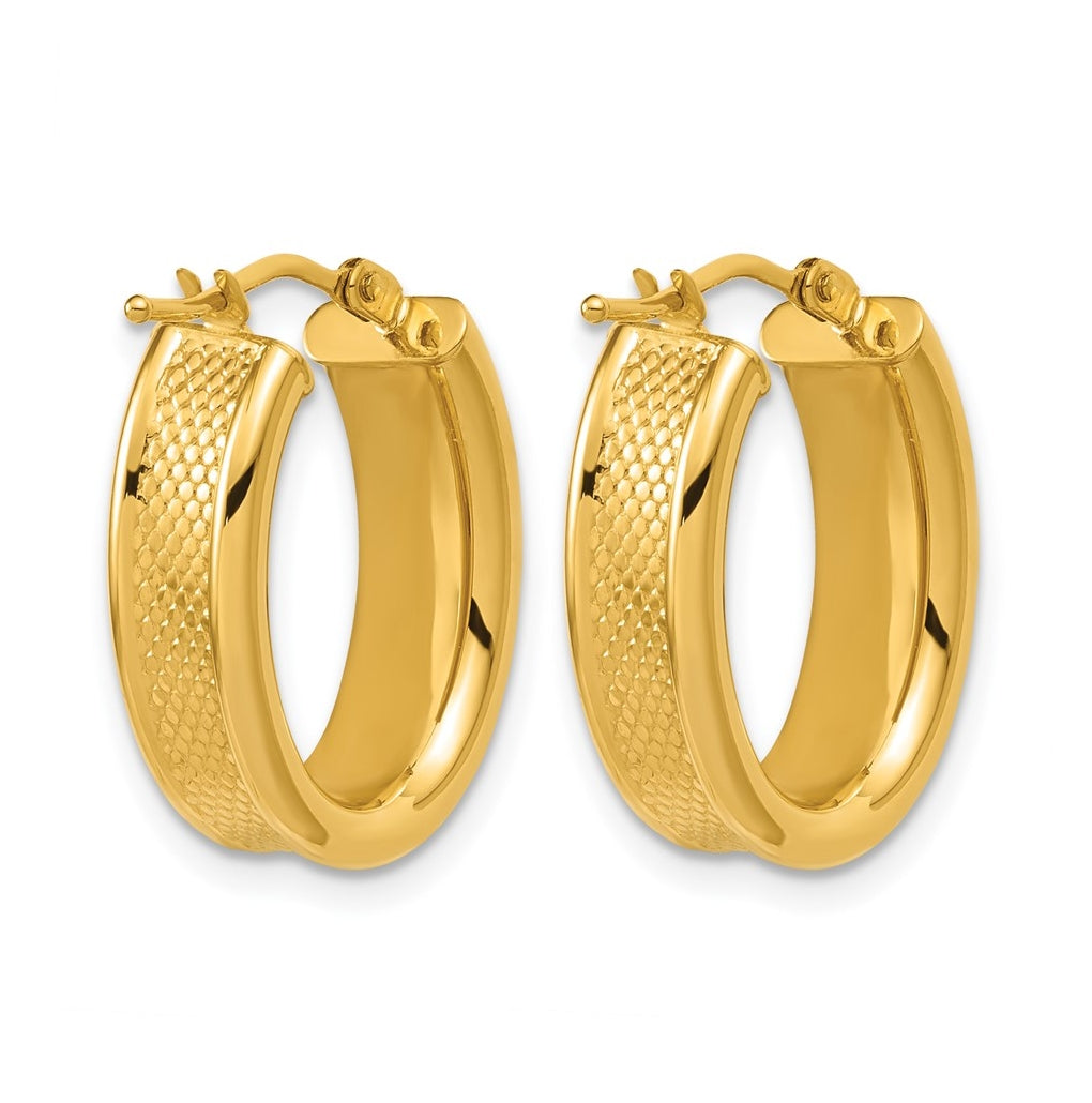 14k Yellow Gold Polished and Textured Oval Hoop Earrings