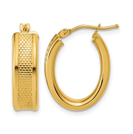 14k Yellow Gold Polished and Textured Oval Hoop Earrings