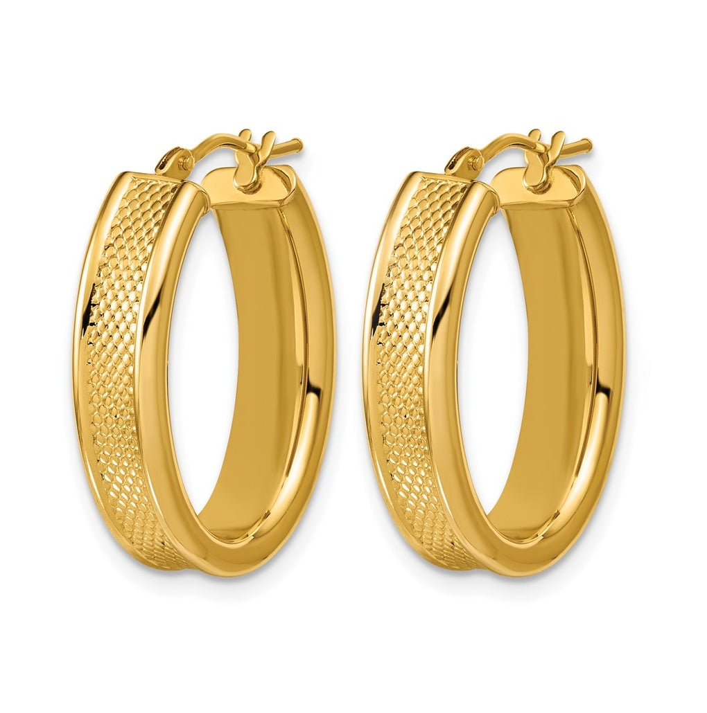 14k Yellow Gold Polished and Textured Oval Hoop Earrings