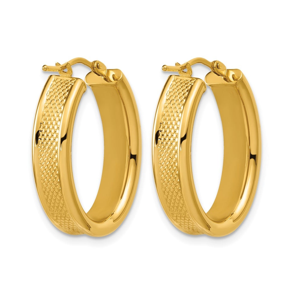 14k Yellow Gold Polished and Textured Oval Hoop Earrings