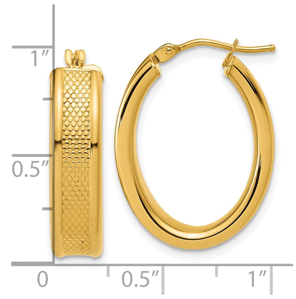 14k Yellow Gold Polished and Textured Oval Hoop Earrings